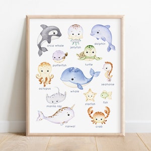 Impresión educativa de animales marinos, impresión submarina, cartel de animales oceánicos, decoración de guardería, cartel preescolar, arte de pared imprimible