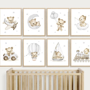 Teddy bear print, baby boy prints, nursery decor, cute bear poster, printable wall art, bear pilot, car, train, hot air balloon