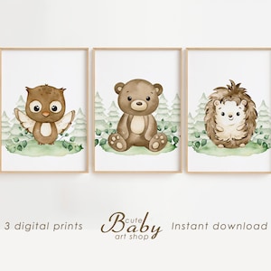 Woodland animals prints, forest animals poster, neutral nursery decor, printable wall art, baby prints, kids room decor