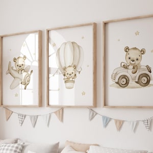 Estampados de osos de peluche, lindo piloto de osos, decoración de guardería, niño, arte neutral de la pared de la habitación de los niños