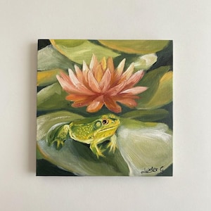 Original Frog Oil Painting by Ester G, Pink Water Lily Art, Unique 20x20 Large Square Canvas, Signed Impressionist Nature Pond Wall Decor