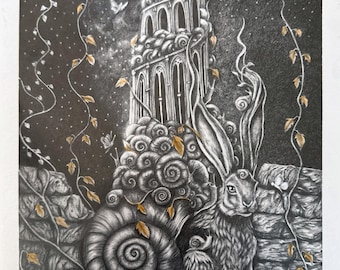 Superbe estampe - « L'architecture du temps » - Illustration surréaliste d'un lapin et de la nature - Décoration murale - Œuvre originale