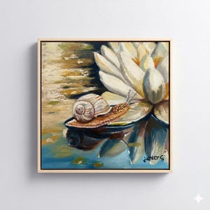 Original Snail Oil Painting by Ester G, Water Lily & Reflection Art, Unique 20x20 Square Canvas, Pond Nature Wall Decor, Free shipping