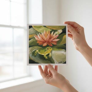 Frog Art Print 20x20, Water Lily Oil Painting Print, Canvas Paper Reproduction, Hand-Signed Nature Decor, Enchanted Forest Wall Art.