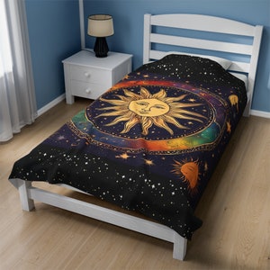 Sun and Moon and Stars Velveteen Plush Blanket, Celestial Lover Gift, Gift for Him or Her, Astrology Blanket, Throw Blanket, SunMoon Pattern