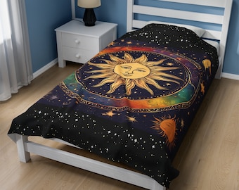 Celestial Sun, Moon and Stars Velveteen Plush Blanket: Astrology Throw