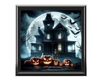 Haunted House Skeleton Pumpkin Jewelry Box, Gothic Halloween Decor