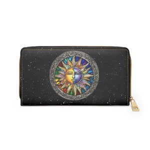 Cartera con cremallera con diseño de sol y luna de colores, cartera de piel sintética con diseño de sol y luna, cartera celestial, accesorio de moda, cartera con cremallera Cottage Core