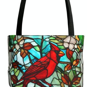 Cardinal Bird Tote Bag: Faux Stained Glass Design