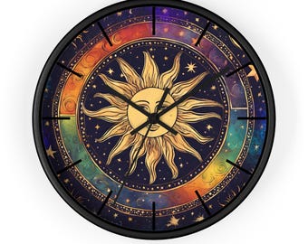 Celestial Sun and Moon Wall Clock, Astrology Galaxy Decor
