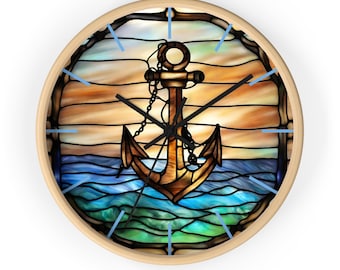 Ship Anchor Wall Clock, Faux Stained Glass, Nautical Decor (10x10")