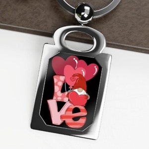 Valentine&#39;s Love Gnome Rectangle Photo Keyring, Holiday Gnome Keyring, Gnome Keyring, Gnome Travel Accessory Gnome Car Accessory, Gnome Gift