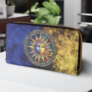 Cartera con cremallera de luna azul y sol amarillo, cartera de sol y luna, accesorio de moda, cartera celestial, cartera de piel sintética con forma de galaxia, regalo para cualquier persona