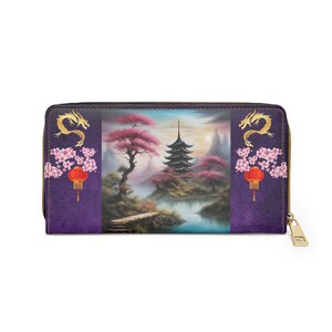 Cartera con cremallera de cerezos y pagodas, cartera de estilo oriental, cartera con cremallera de dragones y linternas doradas, accesorio de moda, accesorio de viaje