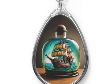 Ship in a Bottle Necklace, Nautical Lover Gift, Oval Ship in a Bottle Necklace, Fashion Accessory for Her, Gift for Him, Gift to Anyone