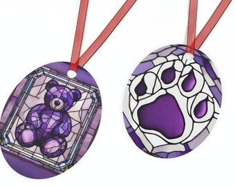 Purple Teddy Bear Metal Ornament Stained Glass-Look