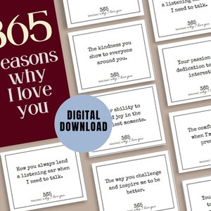 365 Printable Lovely Notes, Romantic gift for-him, Valentine's Mini Cards, Gift for Her, Couple noted cards, Anniversary gifte