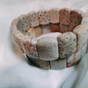 Könnte beinhalten: Dehnbares Armband aus fossilem Korallenmaterial. Das Armband besteht aus rechteckigen, polierten Korallenperlen in Beige-, Braun- und Brauntönen. Die Perlen weisen eine ausgeprägte, gemusterte Textur auf.