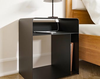 Nachttisch ELY Metall Schwarz/Weiß Matt für Schlafzimmer - Beistelltisch Schlafzimmer mit Ablage für Bücher, Lampen, Dekoration