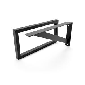 Könnte beinhalten: Zwei schwarze Metall-Regalhalterungen. Eine Halterung ist rechteckig, die andere L-förmig. Beide haben eine matte Oberfläche. Die rechteckige Halterung hat vorgebohrte Löcher zur Montage. Die L-förmige Halterung hat einen Stützarm.