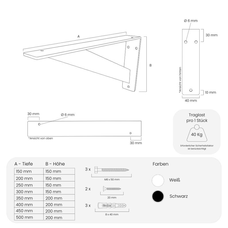 May include: A line drawing of a metal shelf bracket with dimensions labeled in inches. The bracket is shown in two views: from the side and from above. The drawing also includes a table showing different sizes of the bracket and the corresponding load capacity. The bracket is available in white or black.