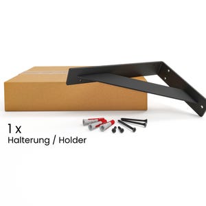 May include: A black metal shelf bracket with mounting hardware. The bracket is angled and has a rectangular shape. The hardware includes screws and anchors.