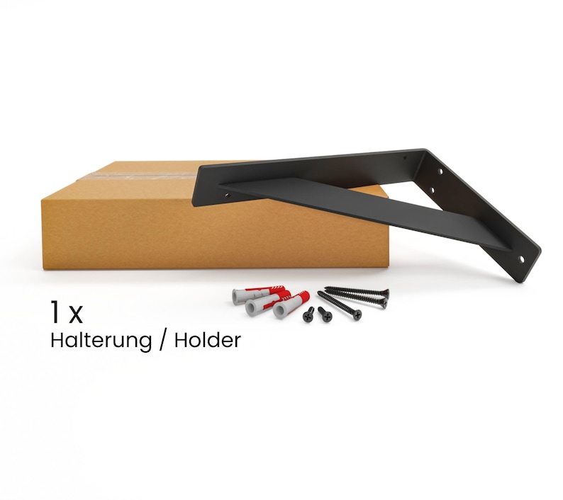 May include: A black metal shelf bracket with mounting hardware. The bracket is angled and has a rectangular shape. The hardware includes screws and anchors.