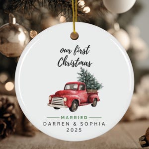 Red Truck Ornament, Farmhouse Decor, Personalized New Home Ornament, New Home Christmas Ornament, Red Truck New House Ceramic Ornament