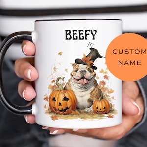 English Bulldog Halloween Mug, Custom Mug Dog, Bulldog Pumpkin Mug, Bulldog in Costume Coffee Cup, Dog Mug Cute, Funny Dog Mug.