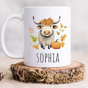Highland Cow Autumn Mug, Personalized Highland cow, Gift for Highland cow lovers, Custom Watercolor Mug with Name, Baby animals