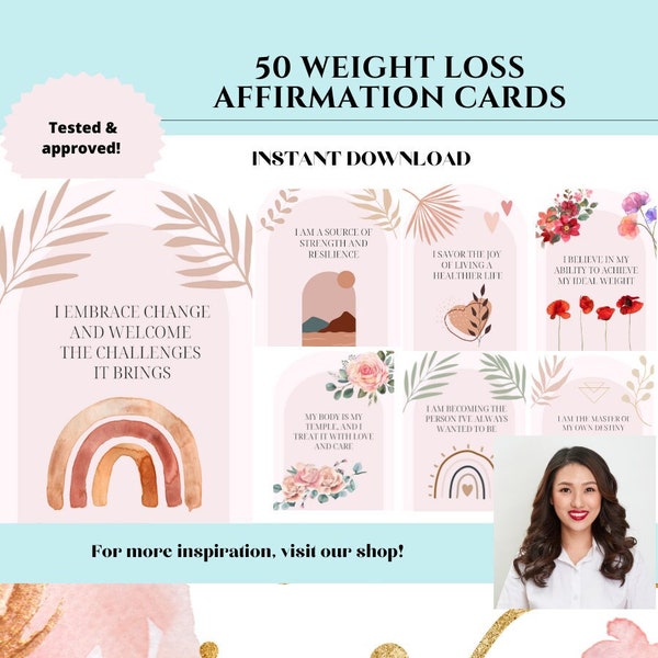 50 weight loss affirmation cards mental health food mentra diet positive quote confidence home decor self esteem weight goal cards boho