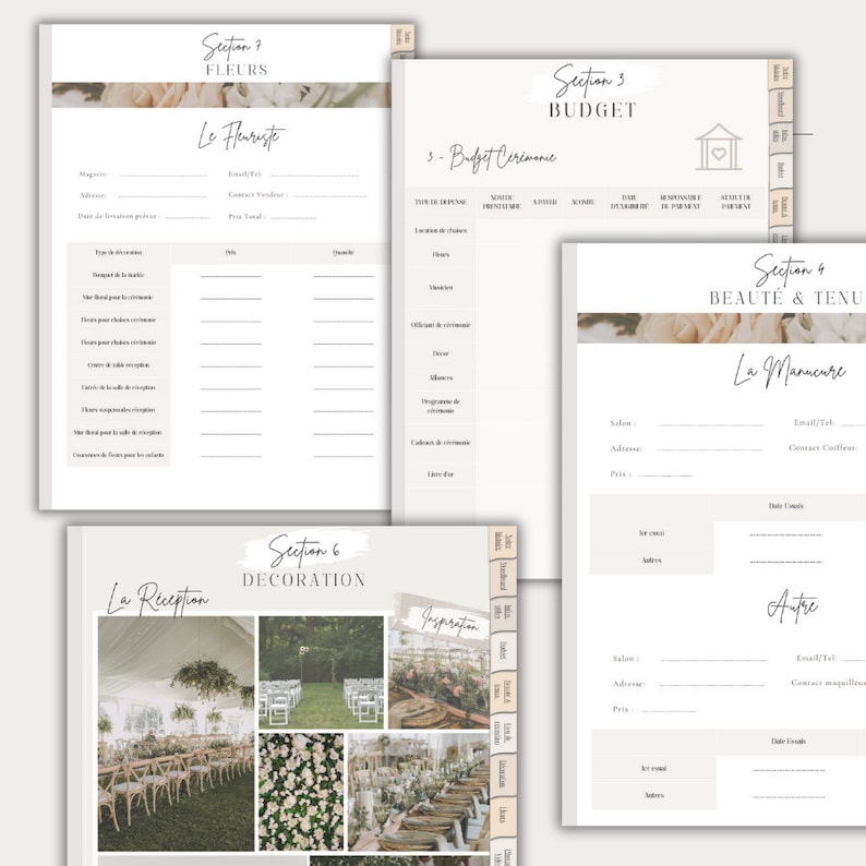 May include: A wedding planning checklist with sections for flowers, budget, beauty and attire, and reception decor. The checklist includes sections for the ceremony, reception, and beauty and attire. The checklist is in French.