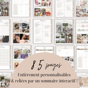 May include: A wedding planner with 85 pages, fully customizable and linked by an interactive table of contents. The planner includes sections for budget, calendar, beauty and attire, invitations, flowers, decorations, and mood board.