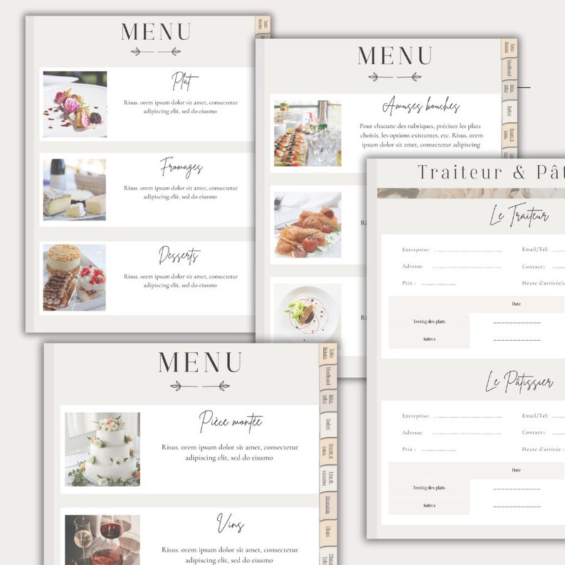 May include: A menu template for a catering company. The menu is divided into sections for appetizers, main courses, desserts, and drinks. The template includes space for the company's name, address, phone number, and email address. The template also includes space for the customer's name, address, phone number, and email address. The template is designed to be printed and used as a menu for a catering event.