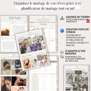 May include: A printable wedding planner with a beige and white color scheme. The planner is divided into sections with titles like "Our Story", "Beauty & Tenues", "Animation", "Plan de Table", and "Decoration". The planner includes images of a couple, a wedding dress, a DJ, and a table setting.
