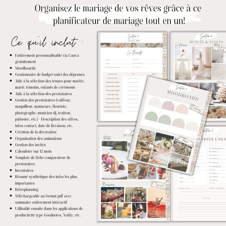 May include: A printable wedding planner with a light pink and gray color scheme. The planner includes sections for flowers, beauty and attire, a mood board, and a list of helpful tips. The text on the cover reads "Organisez le mariage de vos r&ecirc;ves gr&acirc;ce &agrave; ce planificateur de mariage tout en un!" and "Ce qu'il inclut".