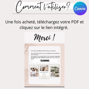 May include: A pink and white digital download with the text "Comment l'utiliser? Canva" and "Merci!" in French. The text below explains how to download and use the PDF. The text includes the words "Telecharger" and "Wedding Planner".
