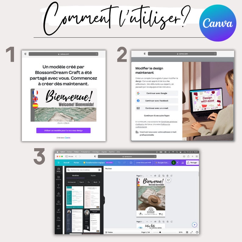 May include: A screenshot of a Canva design template with the text "Bienvenue! Welcome! Bienvenido!" and a button that says "Create with Canva". The template is a welcome card with a pool in the background.