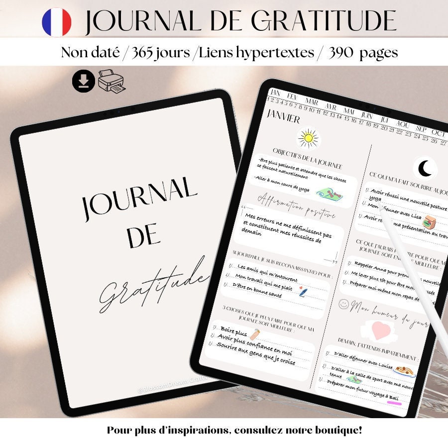 French digital gratitude journal French positivity journal daily positive reflection digital gratitude journal mental health
