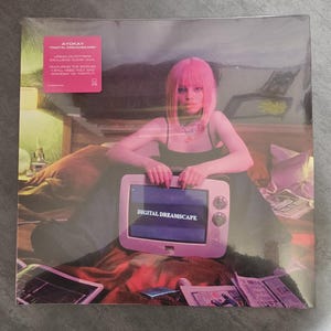 May include: A vinyl record featuring the album "Digital Dreamscape" by Ayokay. The album cover shows a person with pink hair holding a retro-style television with the album title on the screen. The record is in a clear plastic sleeve.