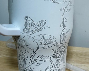 40oz Tumbler with Handle and Straw | Laser Engraved | Wildflowers | Butterflies