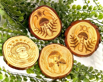 Engraved Log Coasters, Tree Log Coasters, Wood Log Coasters, Log Cabin Coasters for Drinks, Featuring Mushrooms and Frogs