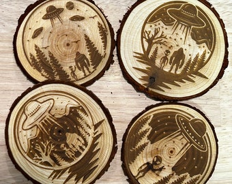 Big Foot, Bigfoot with Alien, Engraved Log Coasters, Tree Log Coasters, Wood Log Coasters, Log Cabin Coasters for Drinks