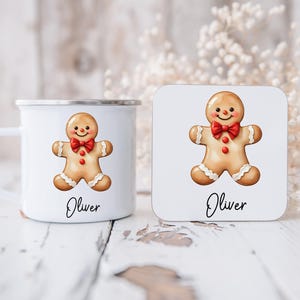 Kids Personalise Gingerbread Mug and Coaster Set,12oz Enamel Christmas Cup,Gingerbread Boy Girl Gift, Holiday Drinkware Cute Festive Present