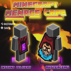 Peut inclure: Deux capes Minecraft Menace sont présentées. L'une présente un motif de portail violet, et l'autre affiche un personnage pixélisé avec une cape rouge et des accents bleus. L'image comprend le texte "Minecraft Menace Cape", "Instant Delivery" et "Mastergemu".