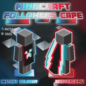 Puede incluir: Imagen de dos personajes de Minecraft con capas. Las capas muestran diseños pixelados en rojo, blanco, negro y azul. El texto superior dice "Minecraft Followers Cape". También incluye "Instant Delivery" y "Mastergemu."