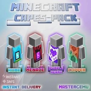Può includere: Immagine promozionale per un pacchetto di mantelli di Minecraft. L'immagine presenta quattro figure a blocchi che indossano diversi mantelli con design e colori unici. Il testo include "HOME", "MENACE", "PURPLE HEART" e "COPPER". L'immagine include anche il testo "INSTANT DELIVERY".