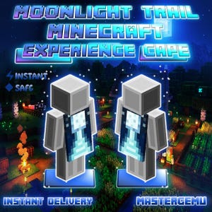 May include: A digital graphic showing two Minecraft character models with capes. The capes have a blue and white pixelated design. The image includes the text "MOONLIGHT TRAIL MINECRAFT EXPERIENCE CAPE" and "INSTANT DELIVERY".