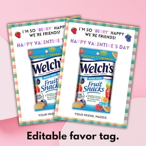 Valentines Day Snack Card Printable I'm So Berry Happy We're Friends Kids Classroom Exchange Template Valentine Favor Friends Classmates