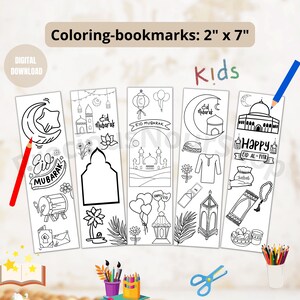 5 marcadores Eid para colorear imprimibles, actividad infantil Eid Mubarak, marcador 2x7' PDF A4 Us carta descarga instantánea, regalo Eid
